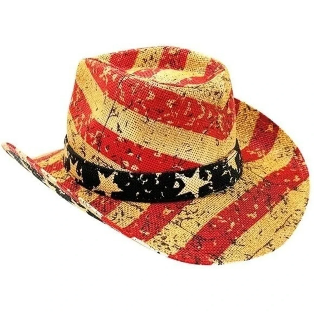 Tea Stained Vintage Paper Straw American Flag Fashion‎ Cowboy Hat NWT